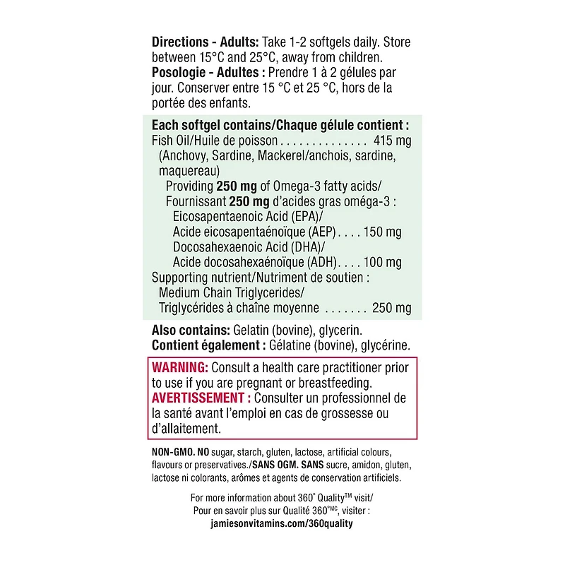 Jamieson Omega-3 Softgels with MCT Oil, 250 mg, 120 Count