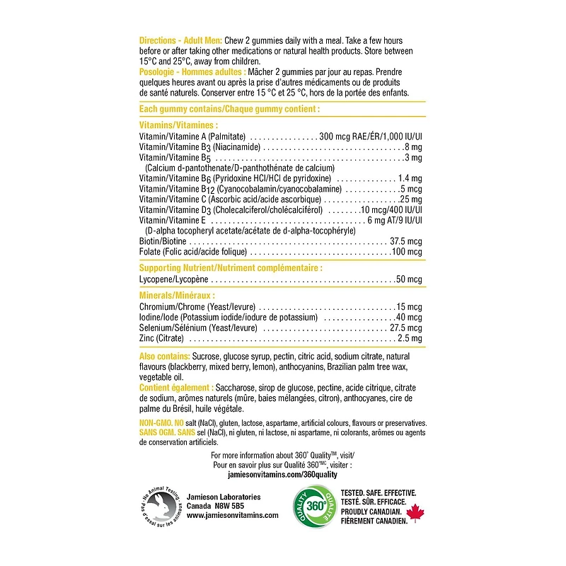 Jamieson gummies multivitamines pour hommes, mûre citron, 130 gummies