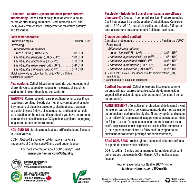 Jamieson Kids Probiotic Chewable Tablets, 5 Billion CFU, Cherry, 60 Count