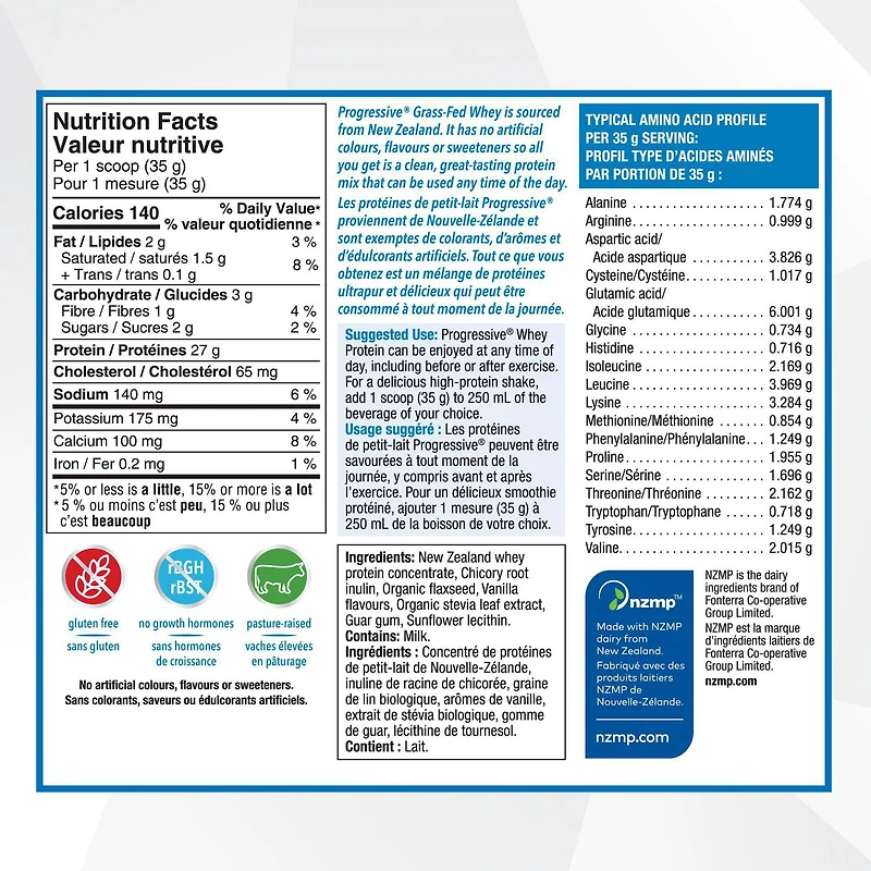 Progressive Grass Fed Whey Protein Powder, 27 g, Vanilla Flavour, 850 g