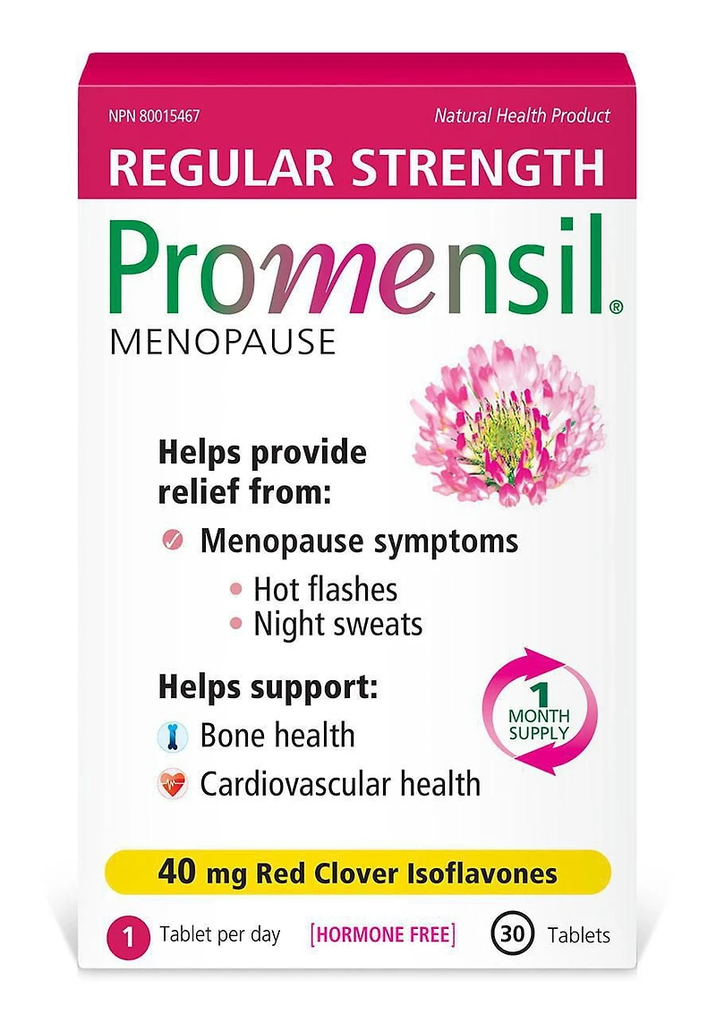 PromensilMD Comprimé soulagement des symptomes de la ménopause, 40 mg, paq. de 30 30 comprimés. Pour bouffées de chaleur, santé des os et du coeur.