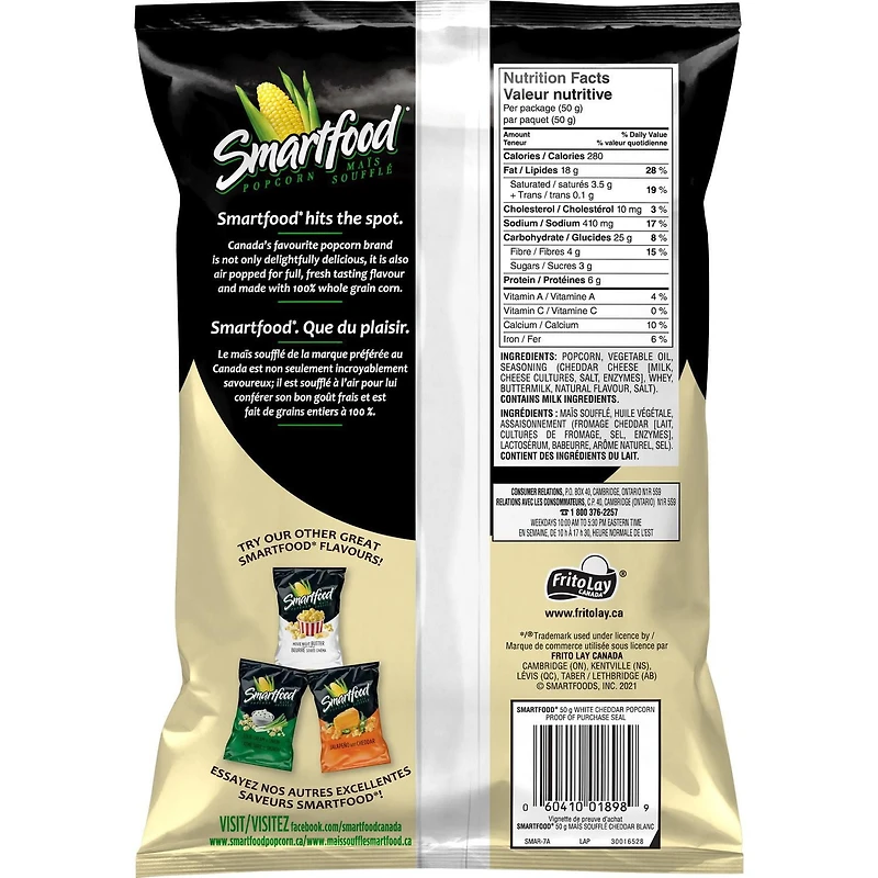 Smartfood White Cheddar flavour seasoned popcorn, 50GM