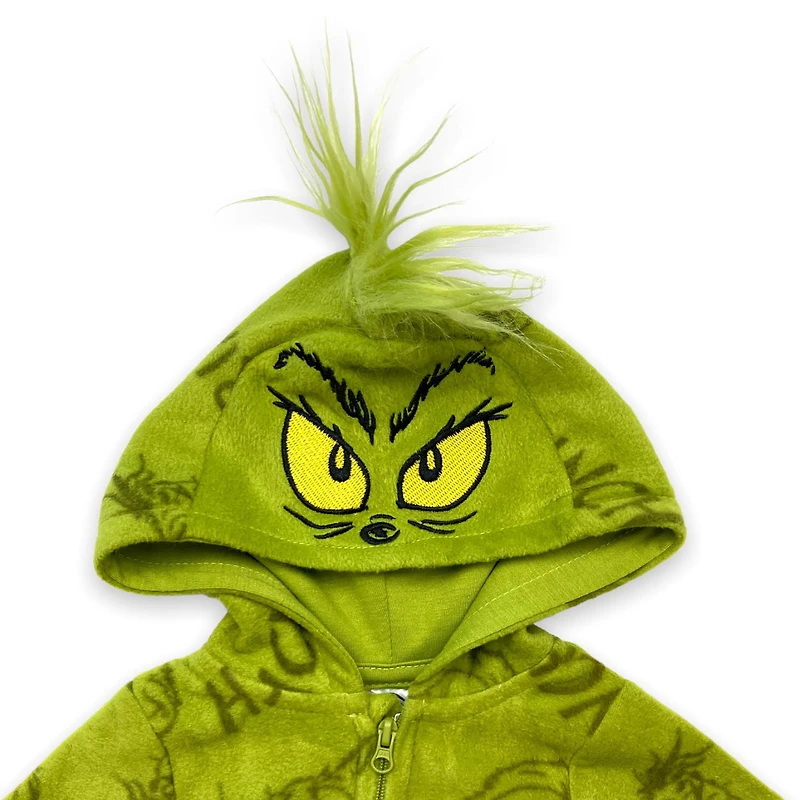 Dr Seuss Toddler onesie. This toddler micropolar fleece onesie has long sleeves and a decorative fur hoodie with zipper closer in the front and
