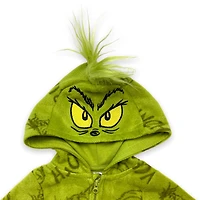 Dr Seuss Toddler onesie. This toddler micropolar fleece onesie has long sleeves and a decorative fur hoodie with zipper closer in the front and