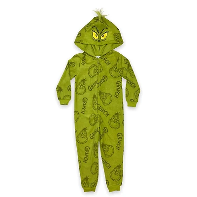 Dr Seuss Toddler onesie. This toddler micropolar fleece onesie has long sleeves and a decorative fur hoodie with zipper closer in the front and