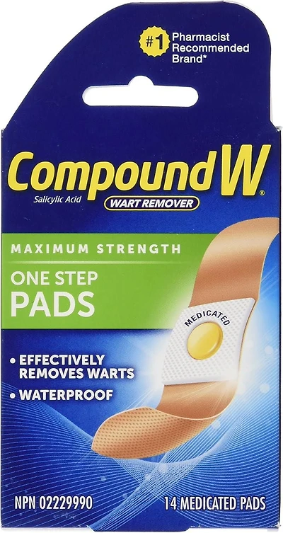 Tampons anti-verrues Compound W, One Step Pads - Acide salicylique 14 Coussinets Médicamenteux