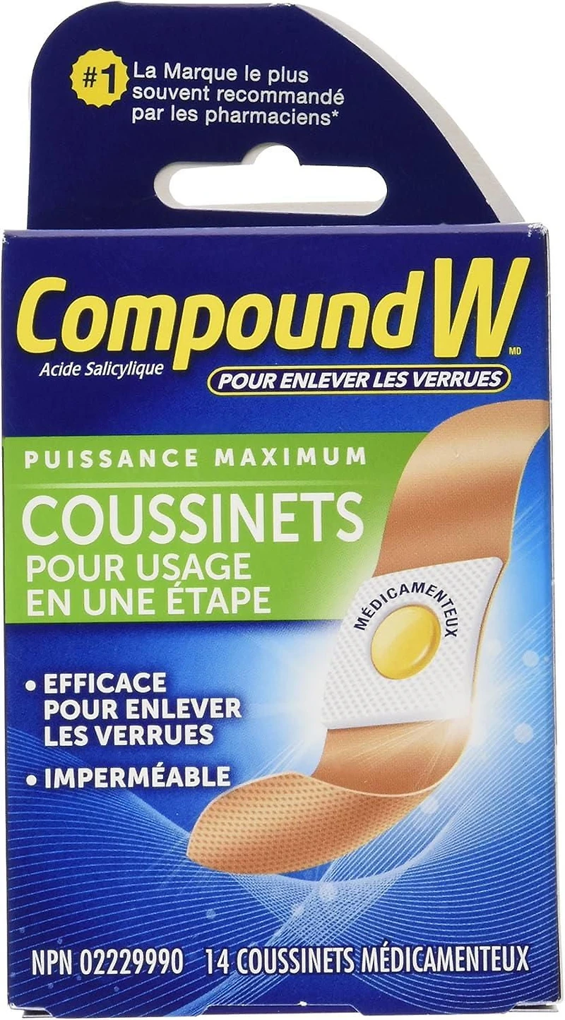 Tampons anti-verrues Compound W, One Step Pads - Acide salicylique 14 Coussinets Médicamenteux