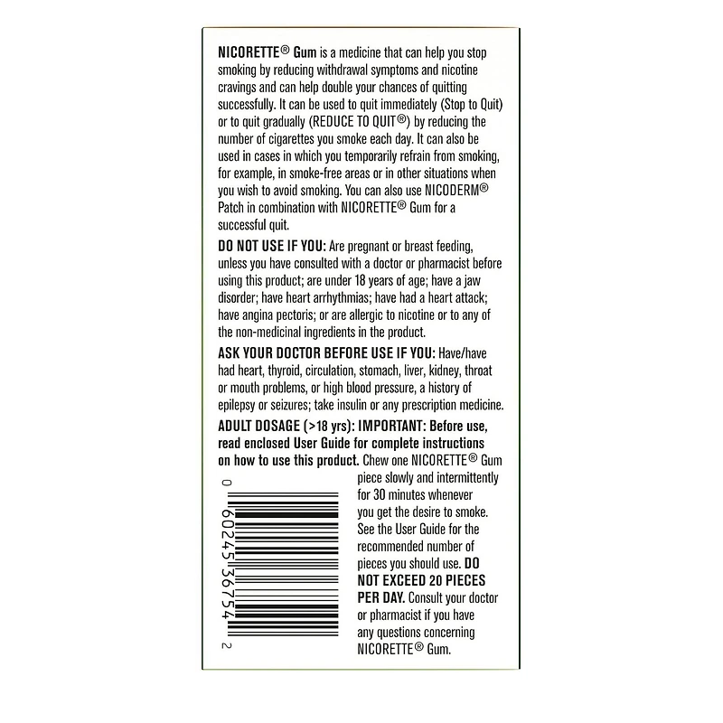 Nicorette Gomme à 2 mg de nicotine, saveur de Fruit  , aide antitabagique, aide pour cesser de fumer, 105 morceaux
