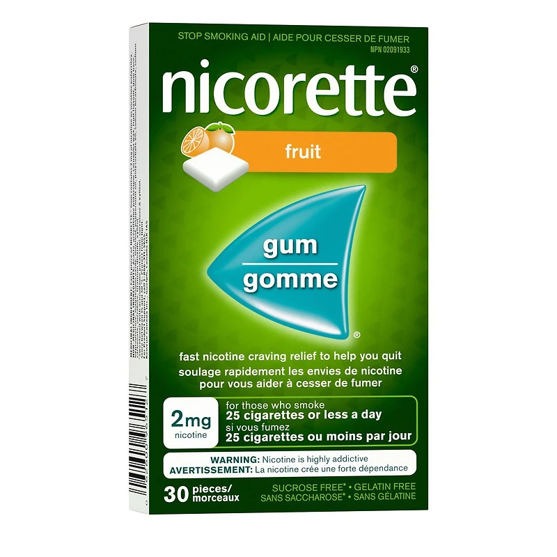 Nicorette Gomme à 2 mg de nicotine, saveur de Fruit  , aide antitabagique, aide pour cesser de fumer