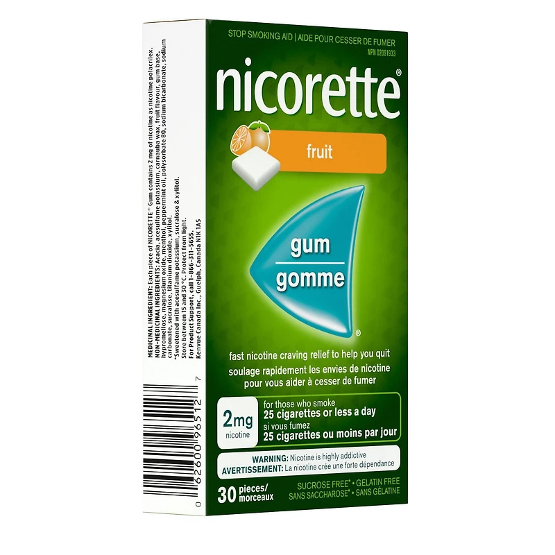 Nicorette Gomme à 2 mg de nicotine, saveur de Fruit  , aide antitabagique, aide pour cesser de fumer