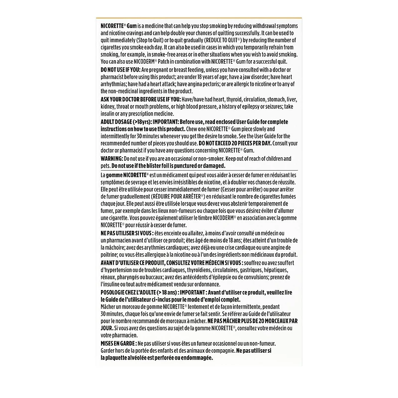 Nicorette Gomme à 2 mg de nicotine, saveur de Fruit  , aide antitabagique, aide pour cesser de fumer