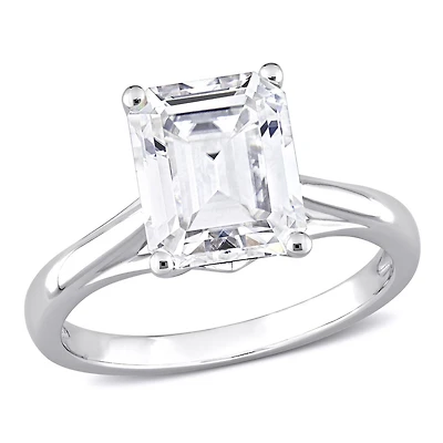Bague de Fiançailles Solitaire Miabella avec 3-1/2 Carat PBT de Moissanite de coupe Emeraude en Or Blanc 10K