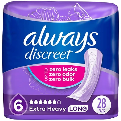 Serviettes d’incontinence et de post-partum Always Discreet, longues, degré d’absorption très abondant, pour femmes, 28serviettes 28CT