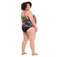 Krista Plus Women's V Neck Mesh Tiered Ruffle Tankini Swim Top