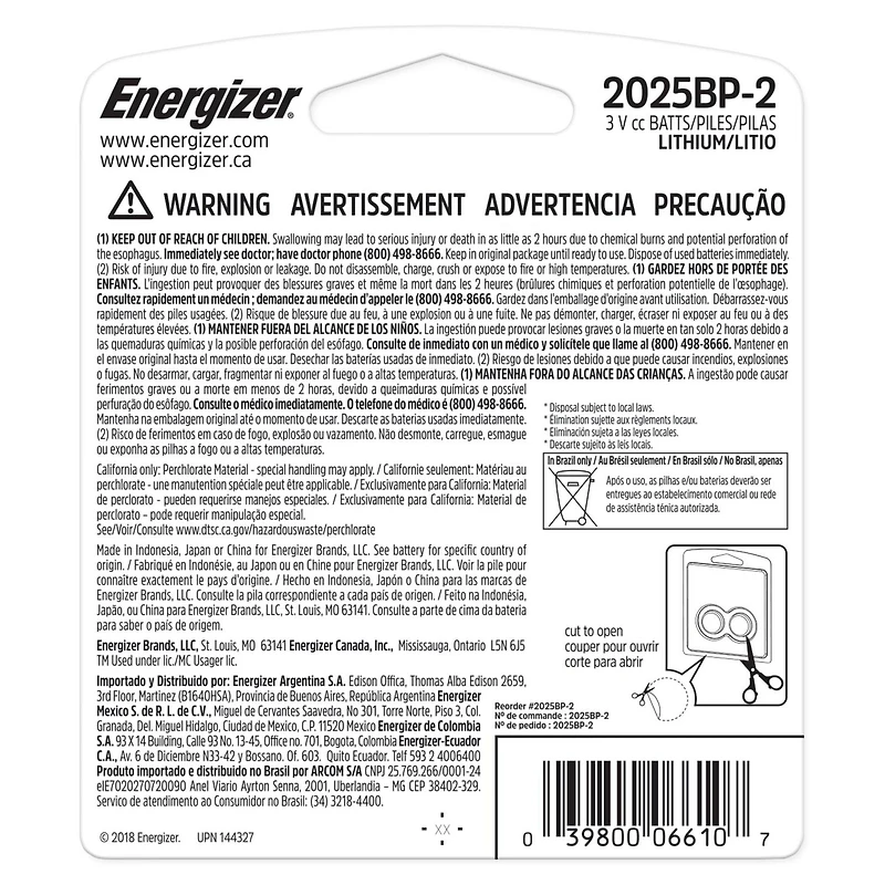 Pile miniature Energizer 2025 au lithium, emballage de 2