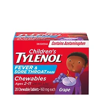 TYLENOL® Enfants, Fièvre et mal de gorge, comprimés à croquer, soulage la fièvre et le mal de gorge, saveur de raisin, pour les enfants de 2 à 11 ans, 20 comprimés 20 comprimés