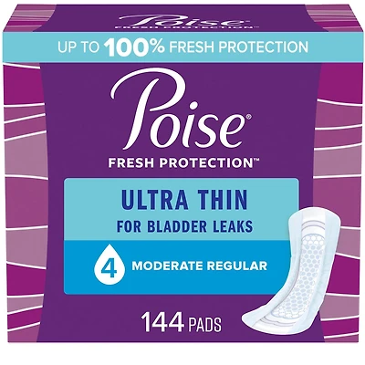 Serviettes d’incontinence ultraminces Poise pour femmes, degré d’absorption 4, absorption moyenne, longueur régulière, 144 unités