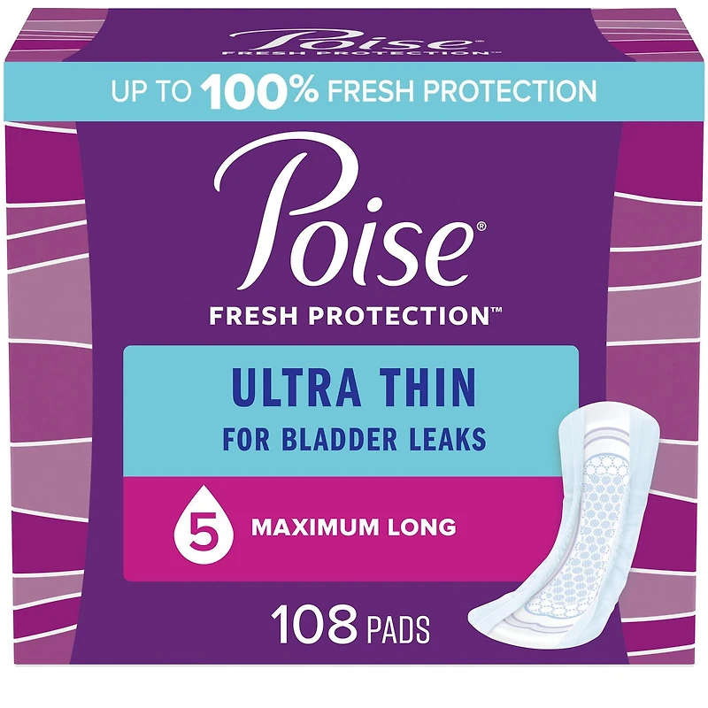 Poise Ultra Thin Incontinence Pads & Postpartum Incontinence Pads, 5 Drop Maximum Absorbency, Long Length, 108 Count
