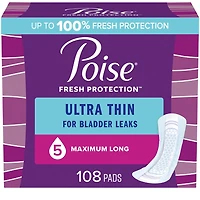 Poise Ultra Thin Incontinence Pads & Postpartum Incontinence Pads, 5 Drop Maximum Absorbency, Long Length, 108 Count