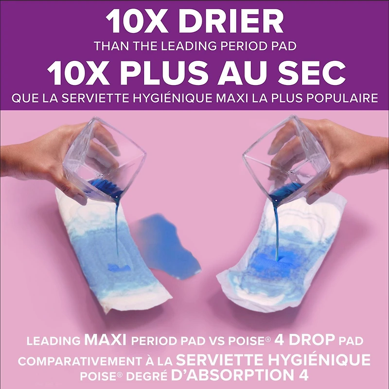 Serviettes ultra minces pour incontinence Poise avec ailes, absorption maximale, longues, 60 serviettes