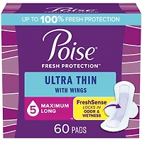 Serviettes ultra minces pour incontinence Poise avec ailes, absorption maximale, longues, 60 serviettes