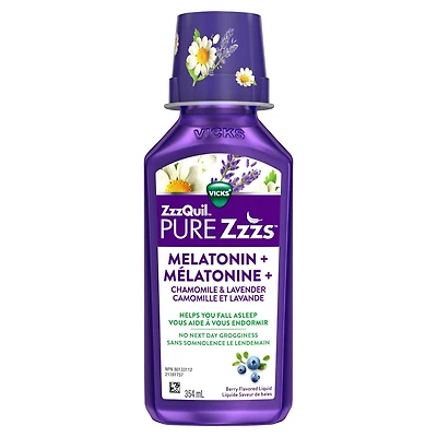ZzzQuil Pure Zzzs Melatonin Liquid, Sleep Aid, Liquid Melatonin 2mg, with Chamomile & Lavender, Fall Asleep Faster, Melatonin Sleep Aids for Adults, Berry Flavoured