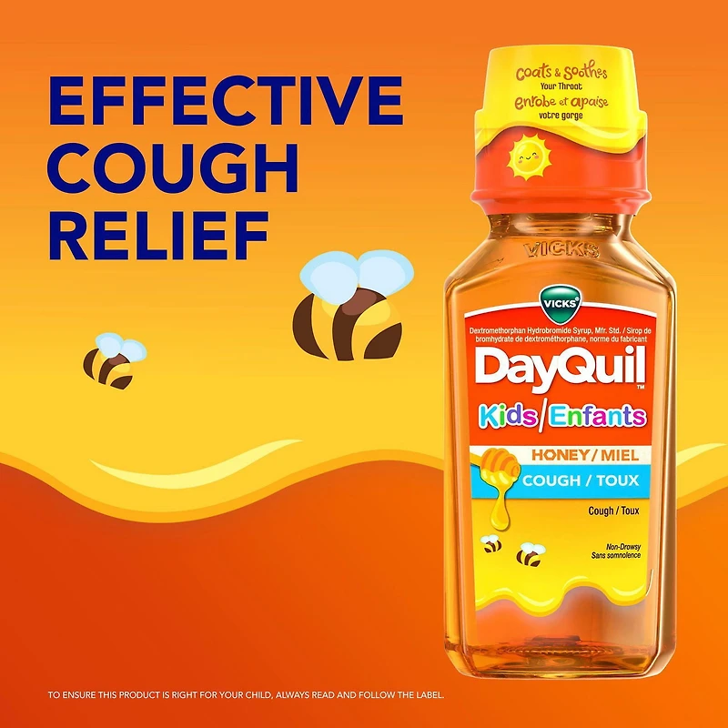 Vicks DayQuil and NyQuil Kids Honey Flavour Medicine, Daytime Cough Relief and Nighttime Relief of Cough, Runny Nose, Stuffy Nose, Sneezing, Cold Symptoms, Convenience Pack, 2 x Bottles