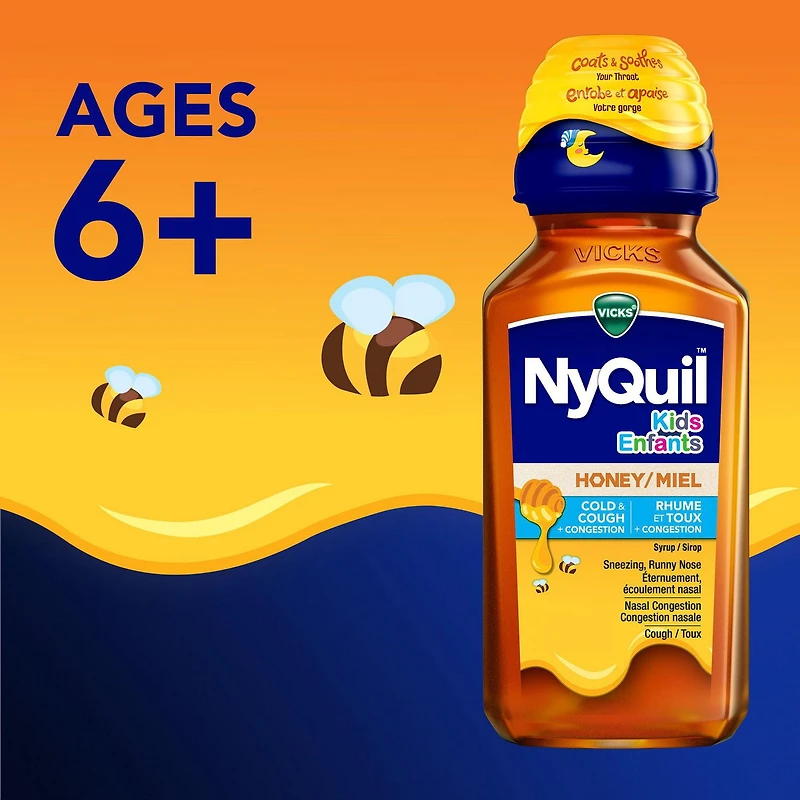Vicks DayQuil and NyQuil Kids Honey Flavour Medicine, Daytime Cough Relief and Nighttime Relief of Cough, Runny Nose, Stuffy Nose, Sneezing, Cold Symptoms, Convenience Pack, 2 x Bottles