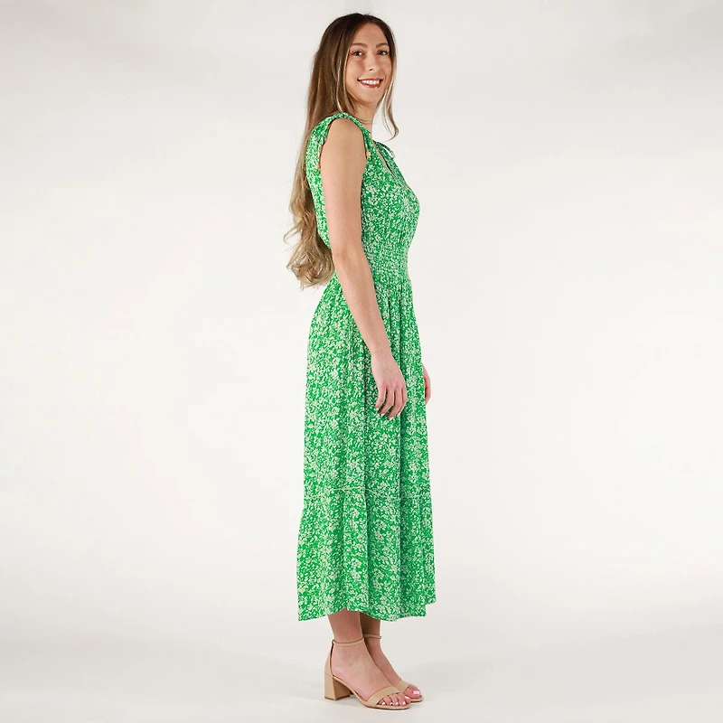 DV Robe longue florale sans manches avec col en V et ourlet à volants en gradins