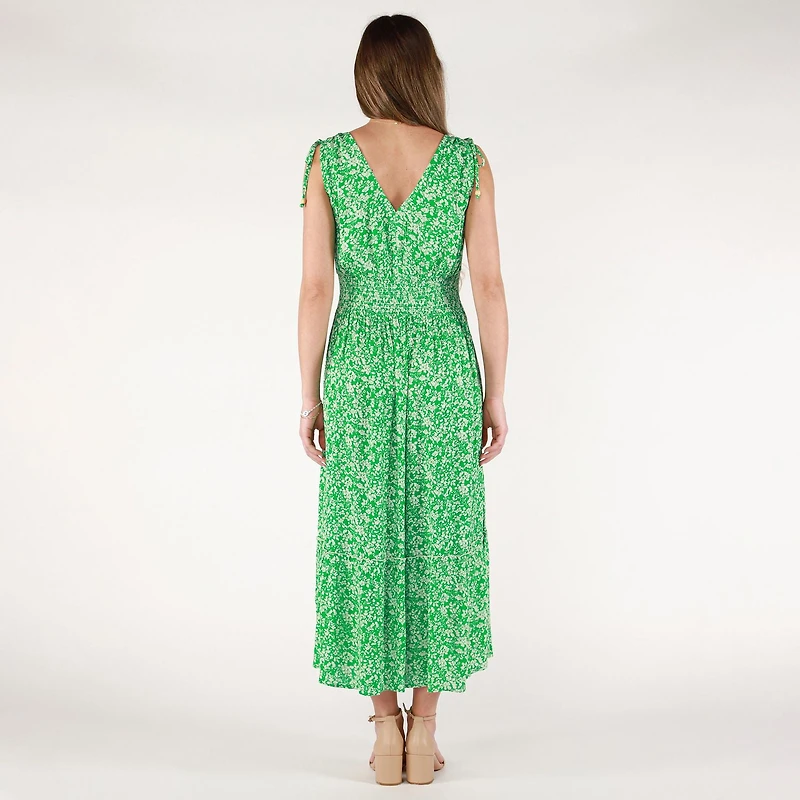 DV Robe longue florale sans manches avec col en V et ourlet à volants en gradins