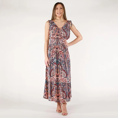 DV Sleeveless floral maxi dress with V-neck and a tiered ruffled hem