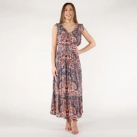 DV Sleeveless floral maxi dress with V-neck and a tiered ruffled hem