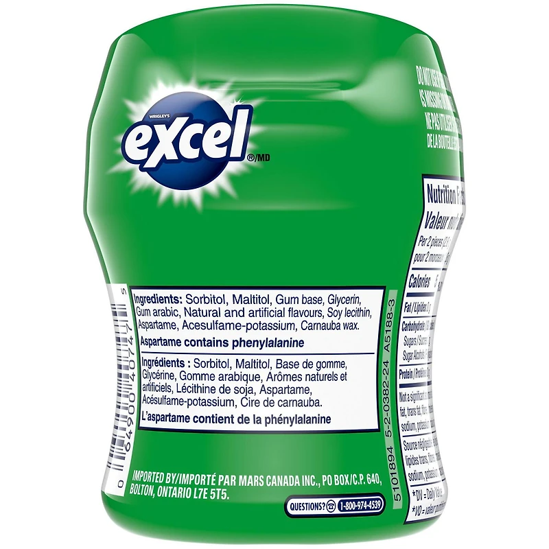 EXCEL, Spearmint Flavoured Sugar Free Chewing Gum, 60 Pieces, 1 Bottle, 1 Bottle, 60 Pellets