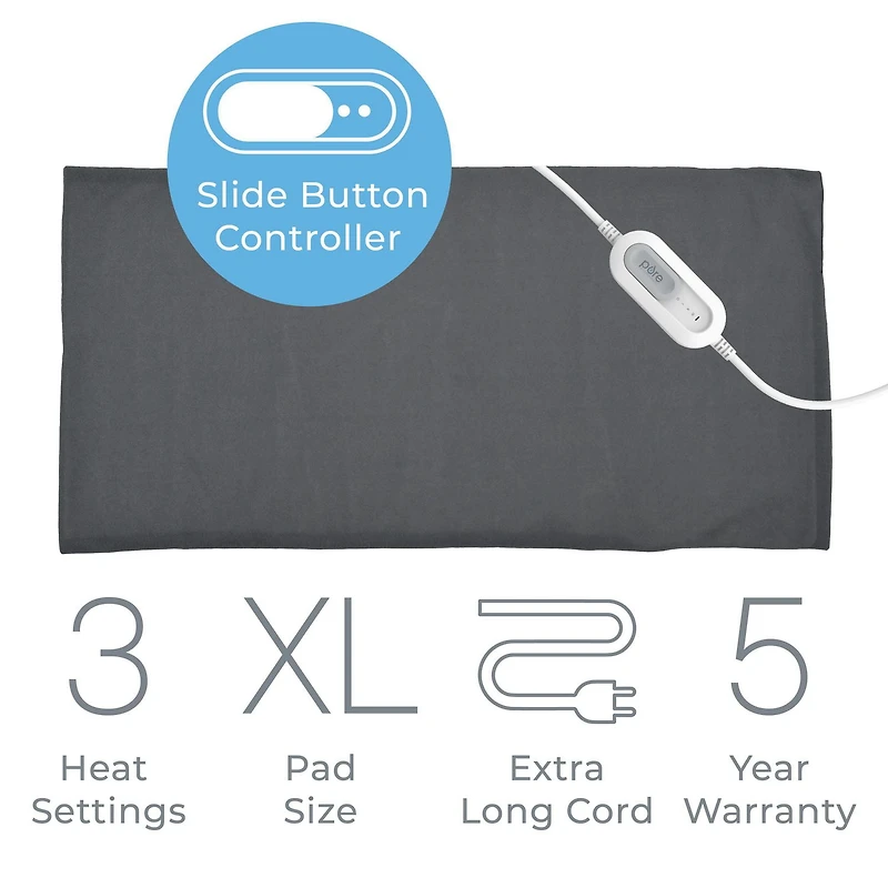 Coussin chauffant en vinyle Pure Enrichment® + PureRelief™ XL Express pour soulager les douleurs du dos, du cou et des épaules - 3 réglages de chaleur avec contrôleur à bouton coulissant, lavable en machine, 30,5 cm x 61 cm (gris)