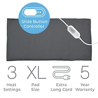 Coussin chauffant en vinyle Pure Enrichment® + PureRelief™ XL Express pour soulager les douleurs du dos, du cou et des épaules - 3 réglages de chaleur avec contrôleur à bouton coulissant, lavable en machine, 30,5 cm x 61 cm (gris)
