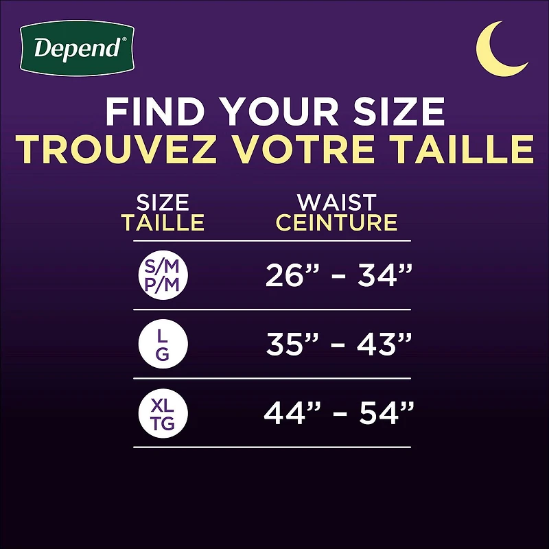 Sous-vêtements d’incontinence Depend Night Defense pour hommes, nuit, taille TG, emballage de 48