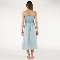 DV Strapless smocked bodice midi dress
