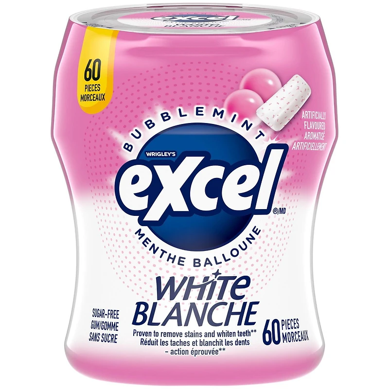 EXCEL Wht, M. bal., gomme sans sucre, blanch. dents, 60 morc., 1 bout. 1 bouteille, 60 morceaux