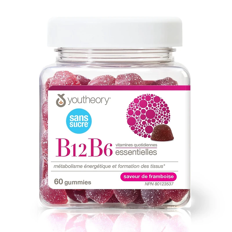 Youtheory Vitamin B12B6 Gummies, 30 mg or 1000 mg, Zero Sugar, Raspberry, 60 Count
