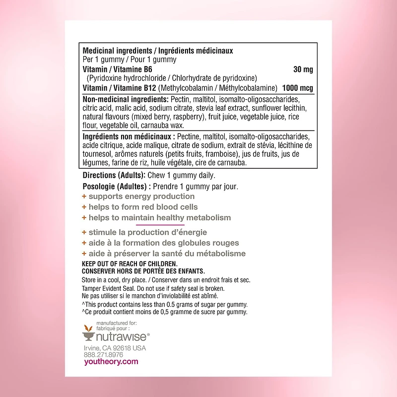 Youtheory Vitamin B12B6 Gummies, 30 mg or 1000 mg, Zero Sugar, Raspberry, 60 Count