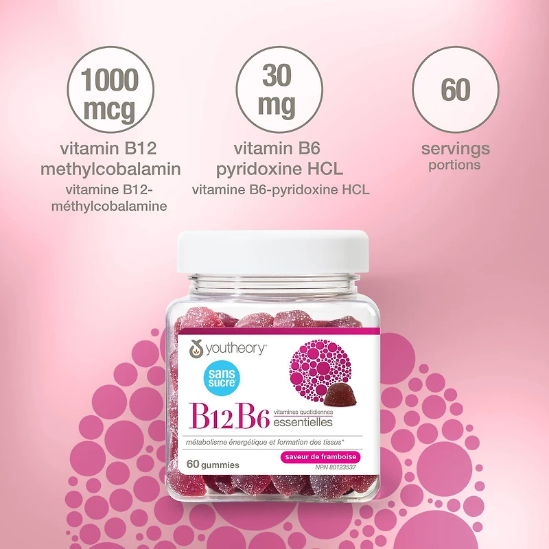 Youtheory gélifiés de vitamine B12B6, 30 mg ou 1 000 mg, sans sucre, fraise, 60 gélifiés