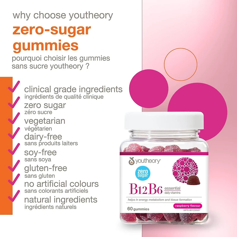Youtheory Vitamin B12B6 Gummies, 30 mg or 1000 mg, Zero Sugar, Raspberry, 60 Count