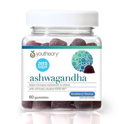 Youtheory Ashwagandha Gummies, 4800 mg DHE, Zero Sugar, Blueberry, 60 Count