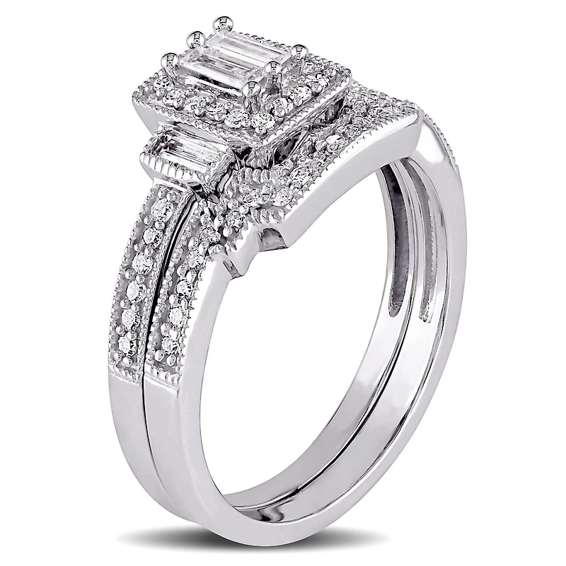 Miabella 2/5 Carat T.W. Diamond Baguette-Cut 10 K White Gold HALO Bridal Set