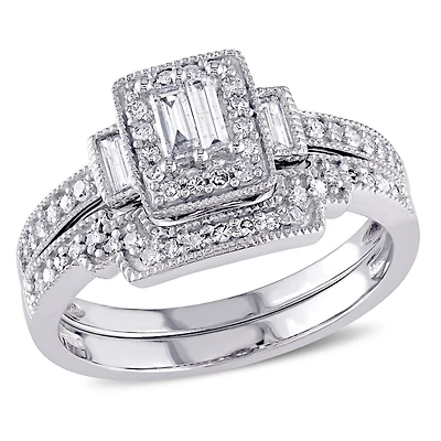 Miabella 2/5 Carat T.W. Diamond Baguette-Cut 10 K White Gold HALO Bridal Set