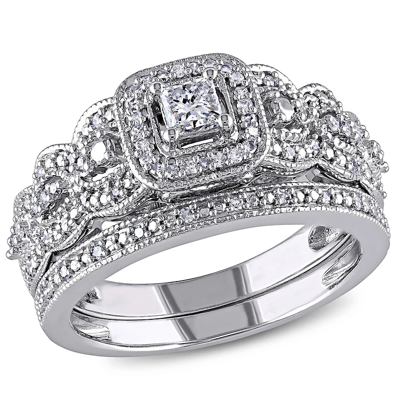 Ensemble de mariage de forme auréole Miabella avec diamants de coupe princesse 1/2 CT poids total en or blanc 14K