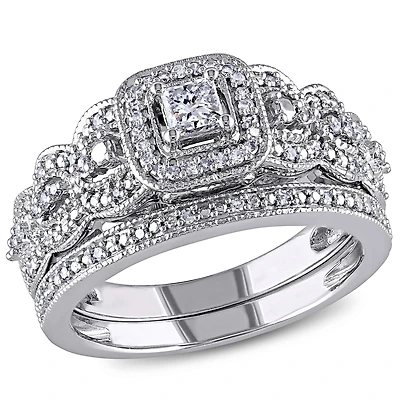 Ensemble de mariage de forme auréole Miabella avec diamants de coupe princesse 1/2 CT poids total en or blanc 14K