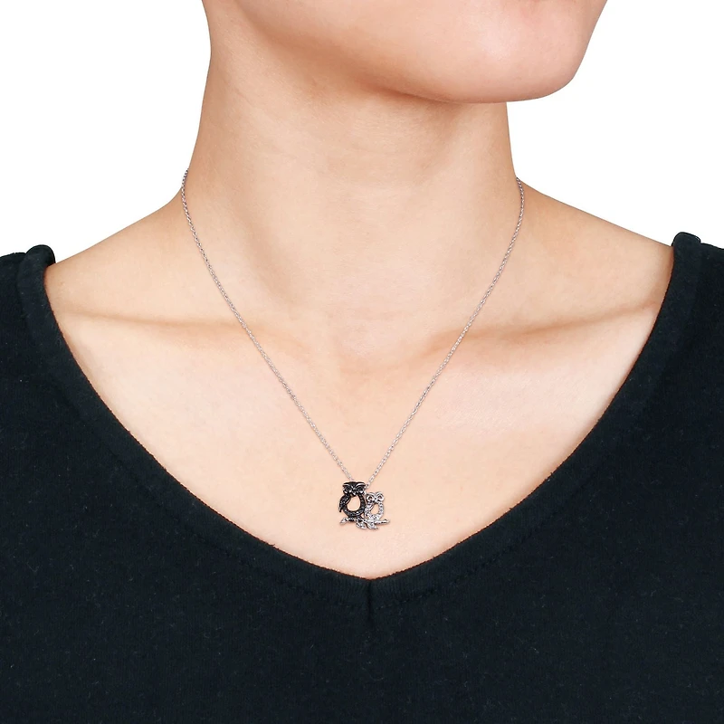 Asteria Black Diamond-Accent Two-Tone Sterling Silver Owl Pendant, 18"