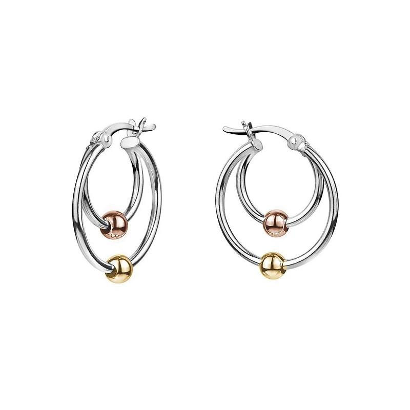 Charisma sterling silver double hoop with tri-tone gold balls