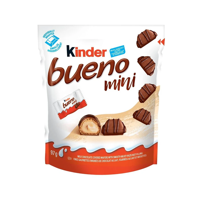 Mini Barres KINDER BUENO au chocolat au lait et à la crème aux noisettes, 18 Pièces, 97g
